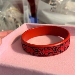Vintage Red and Black Floral Carved Chinese Cinnabar Bracelet.